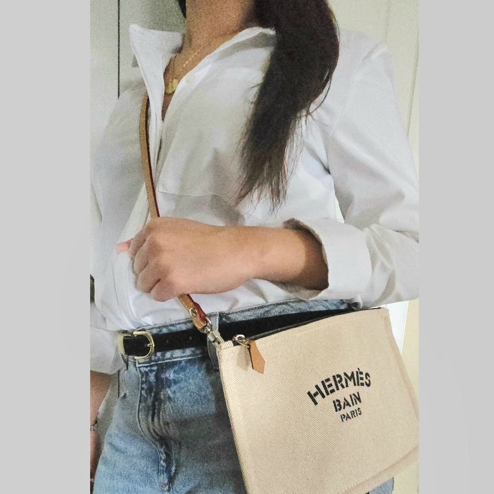 Hermes Beige Canvas 'Hermes Bain' Crossbody with Orange Strap - Picture 4 of 16